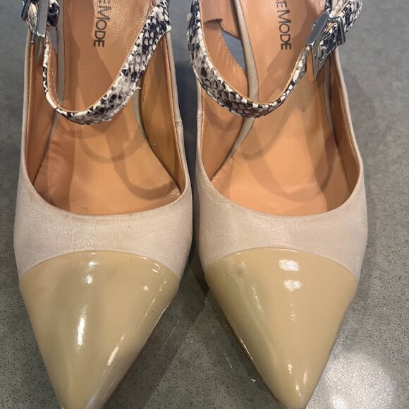 France Mode Taupe Leather Heel Slingbacks with Snakeskin detail 36.5/6 - Picture 6 of 11